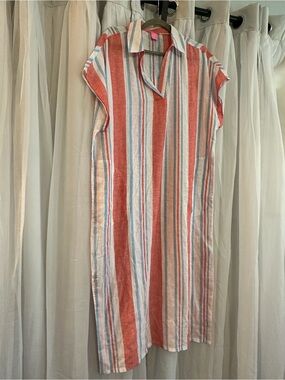 Isaac Mizrahi Striped Collared Midi Dress in Light Red, blue and White.
